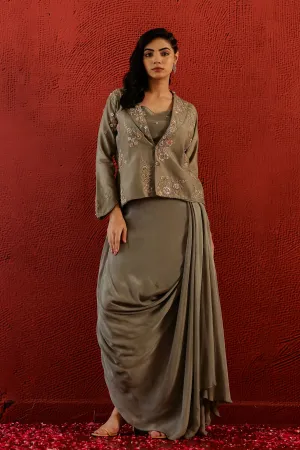 Sage Grey Embroidered Belgium Silk Jacket & Skirt Set