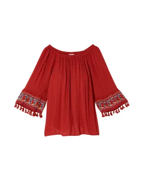 Susan Peasant Top with Tassel Sleeve Detail | Red