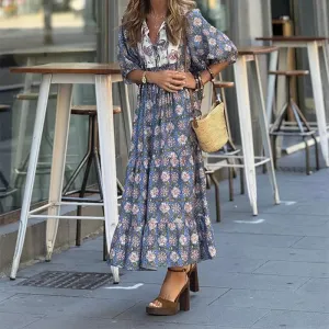 2024 Lady V-neck Short Sleeved Loose Elegant Floral Print Tie Up Party Bohemian Casual Pleated Long Mujer Summer New Dress