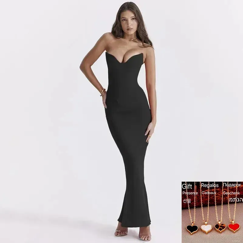 2024 Strapless Nightclub Party Elegant Bodycon Mermaid Slim Solid Black Dress