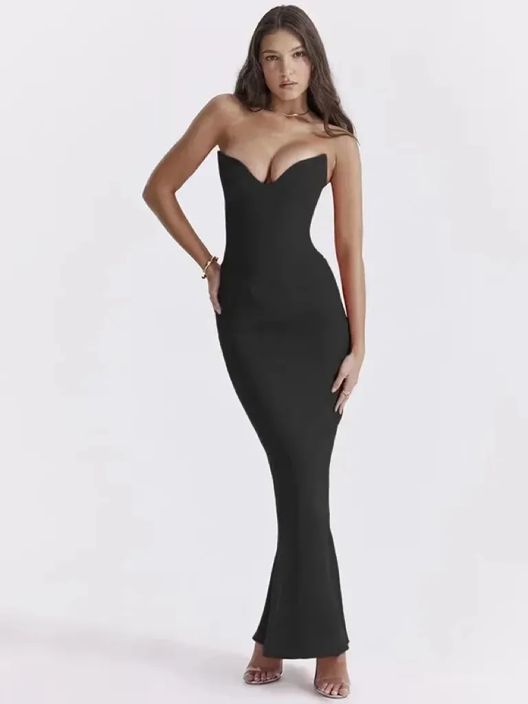 2024 Strapless Nightclub Party Elegant Bodycon Mermaid Slim Solid Black Dress