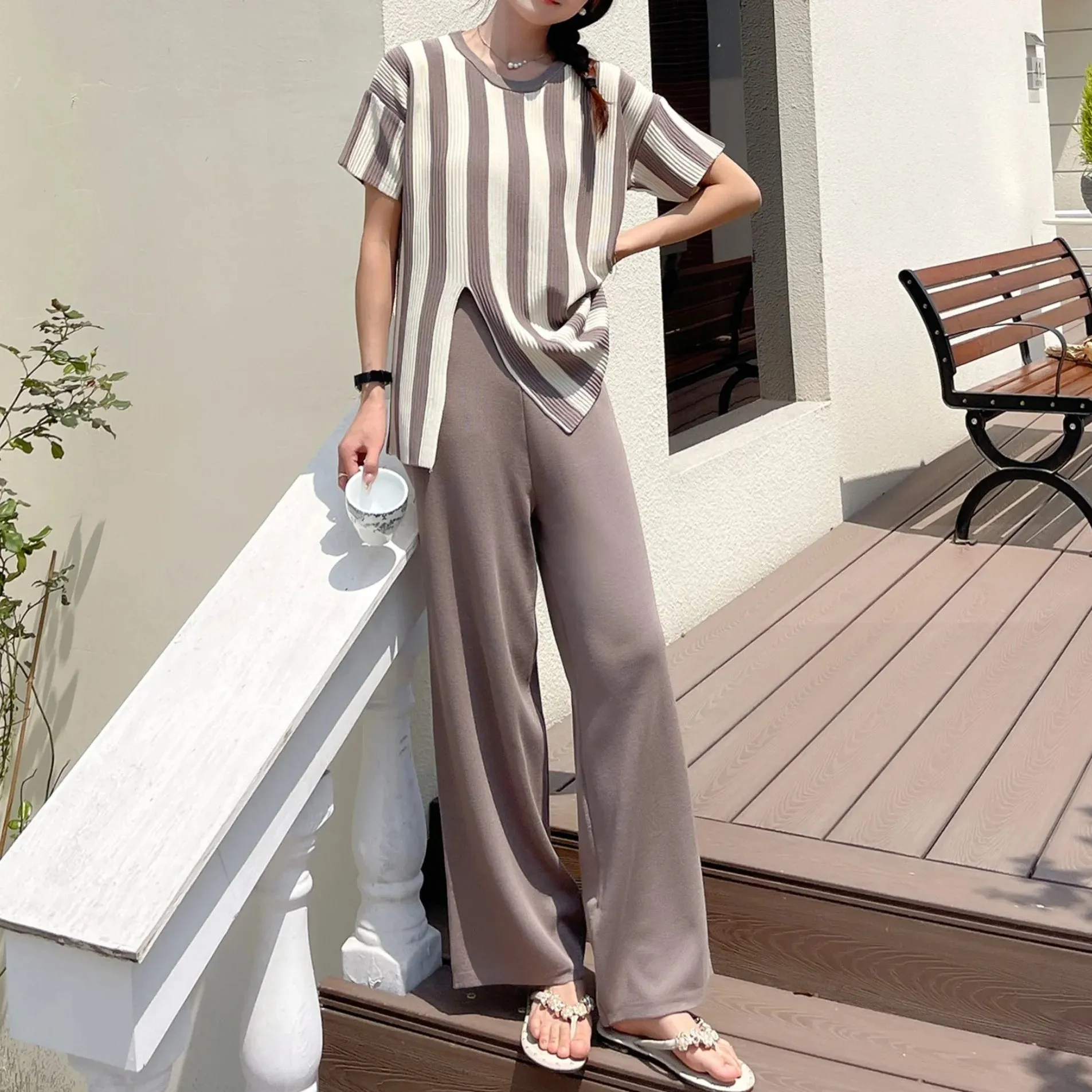 2024 Trend Casual Elegant Knit Stripe O-neck Short Sleeved Sweater Top Irregular Split And Elastic Wide Leg Pants Two-piece Set