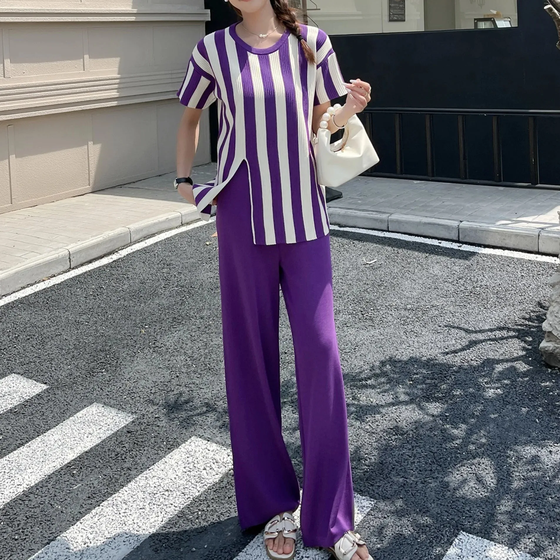 2024 Trend Casual Elegant Knit Stripe O-neck Short Sleeved Sweater Top Irregular Split And Elastic Wide Leg Pants Two-piece Set