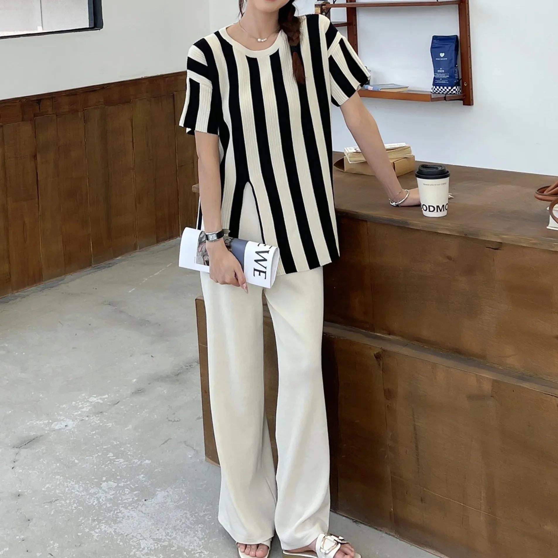 2024 Trend Casual Elegant Knit Stripe O-neck Short Sleeved Sweater Top Irregular Split And Elastic Wide Leg Pants Two-piece Set