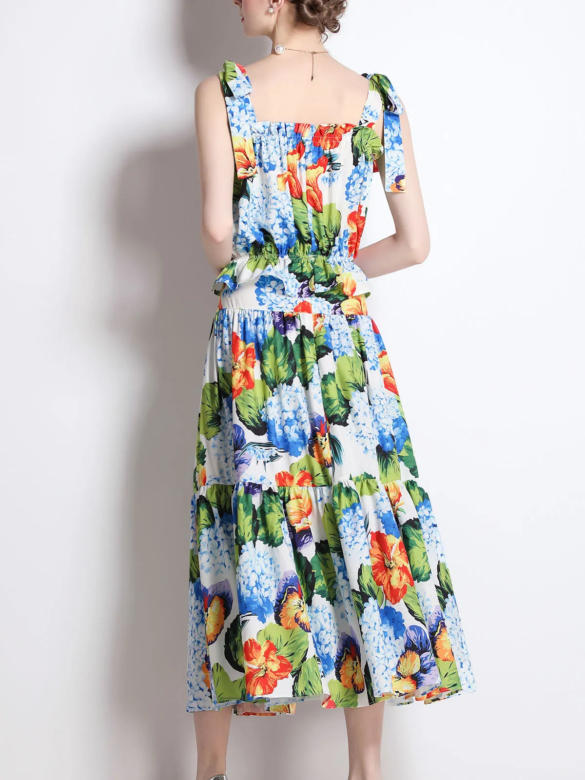 2PCS Strap Floral Printed Vintage Style Pleated Skirt Midi Length Boho Dress