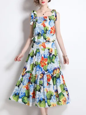 2PCS Strap Floral Printed Vintage Style Pleated Skirt Midi Length Boho Dress