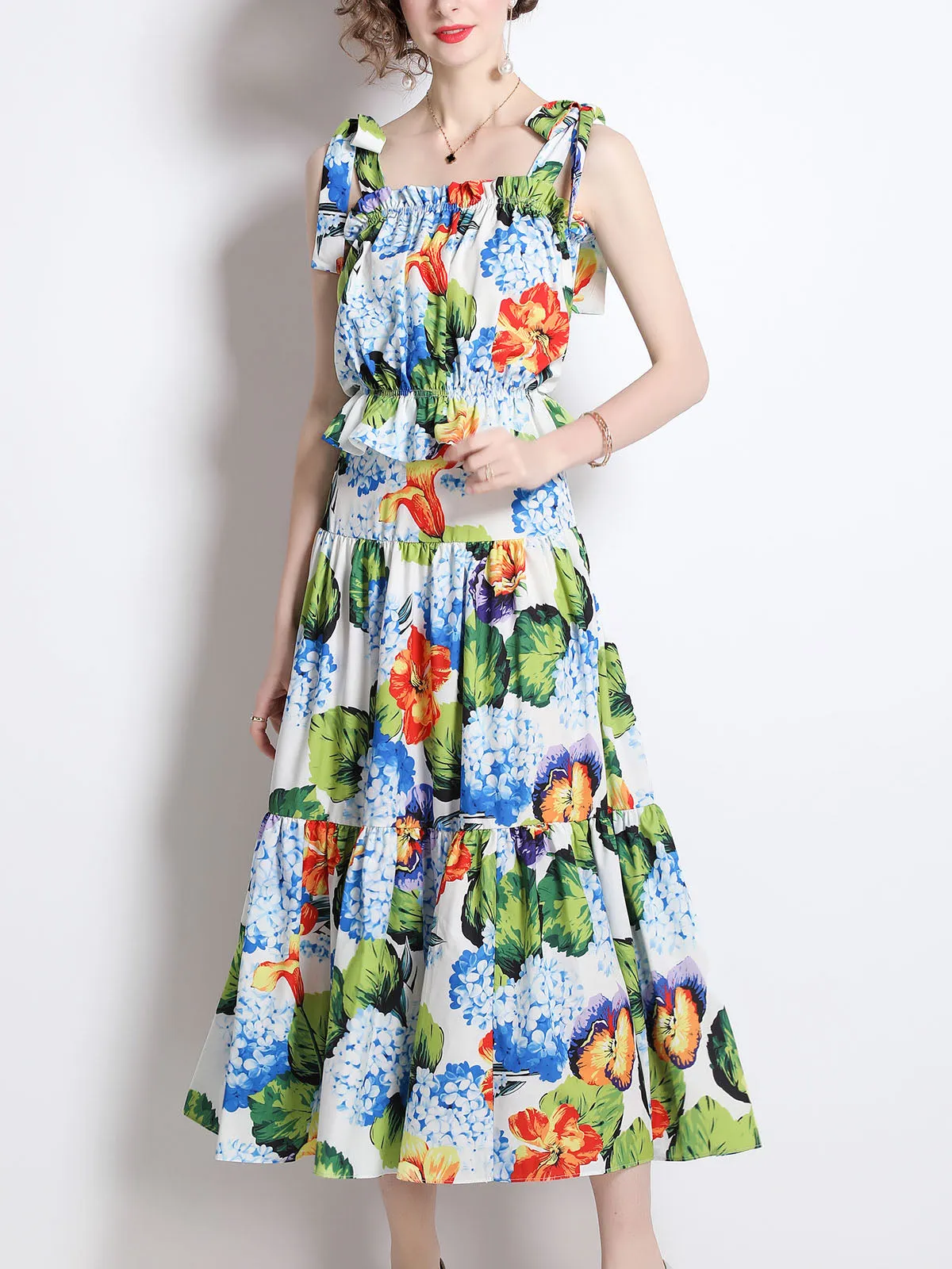 2PCS Strap Floral Printed Vintage Style Pleated Skirt Midi Length Boho Dress