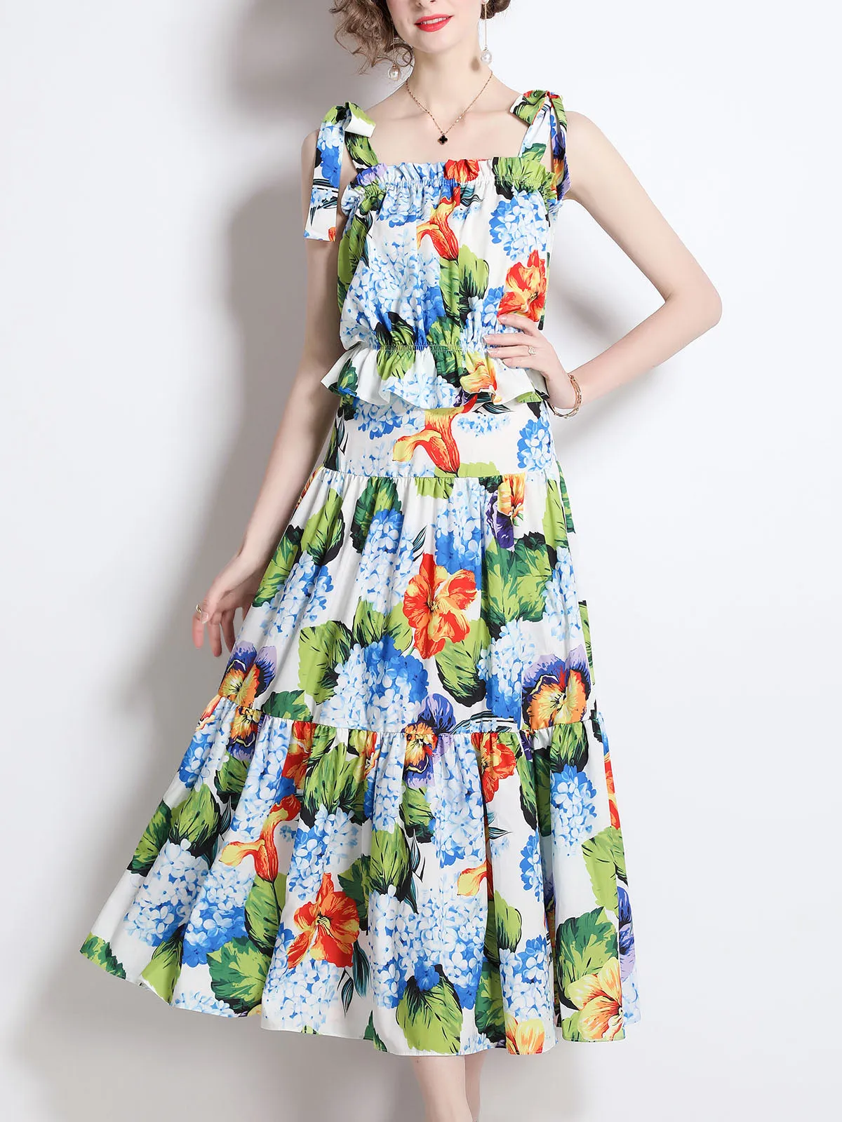 2PCS Strap Floral Printed Vintage Style Pleated Skirt Midi Length Boho Dress