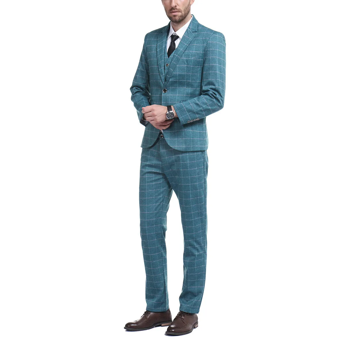 3-Piece Slim Fit Blue Plaid Modern Suit