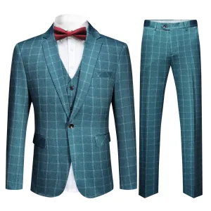 3-Piece Slim Fit Blue Plaid Modern Suit