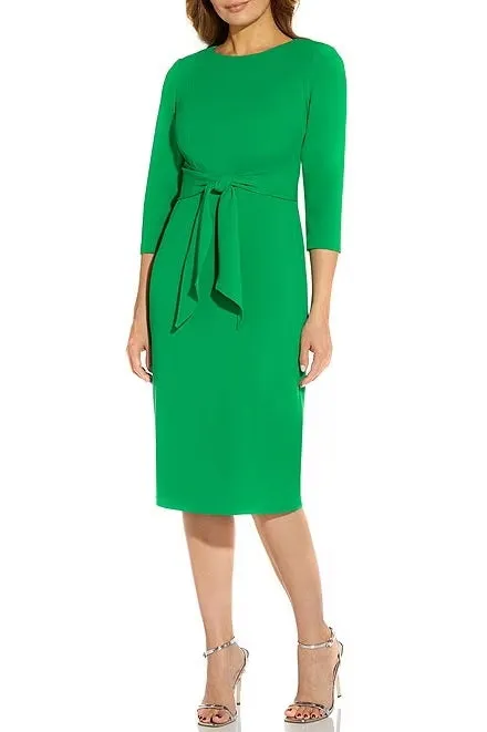 Adrianna Papell Crew Neck 3/4 Sleeve Tie Waist Bodycon Zipper Back Solid Knit Crepe Dress