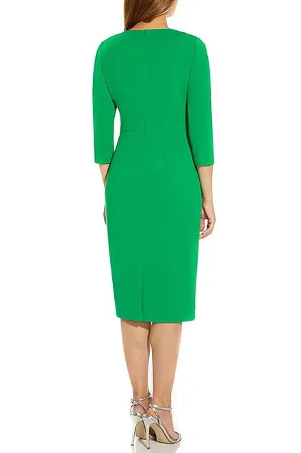 Adrianna Papell Crew Neck 3/4 Sleeve Tie Waist Bodycon Zipper Back Solid Knit Crepe Dress