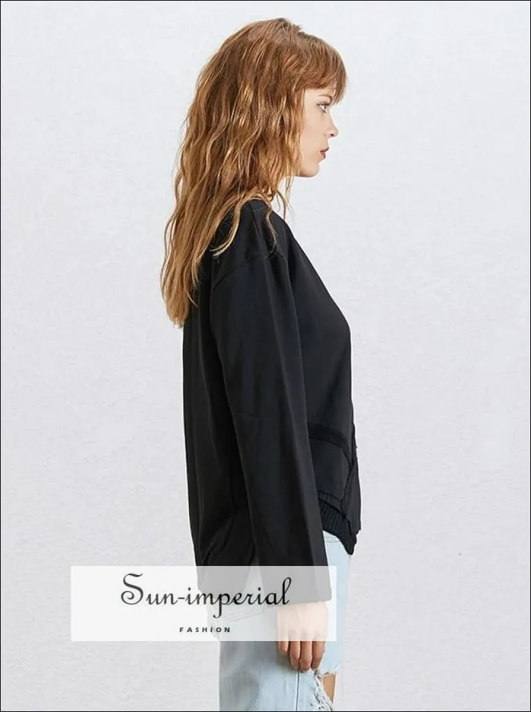 Allison Sweatshirt - Solid Black Oversize Sweatshirt for Women O Neck Long Sleeve side Split