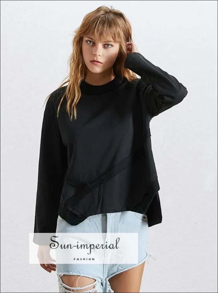 Allison Sweatshirt - Solid Black Oversize Sweatshirt for Women O Neck Long Sleeve side Split