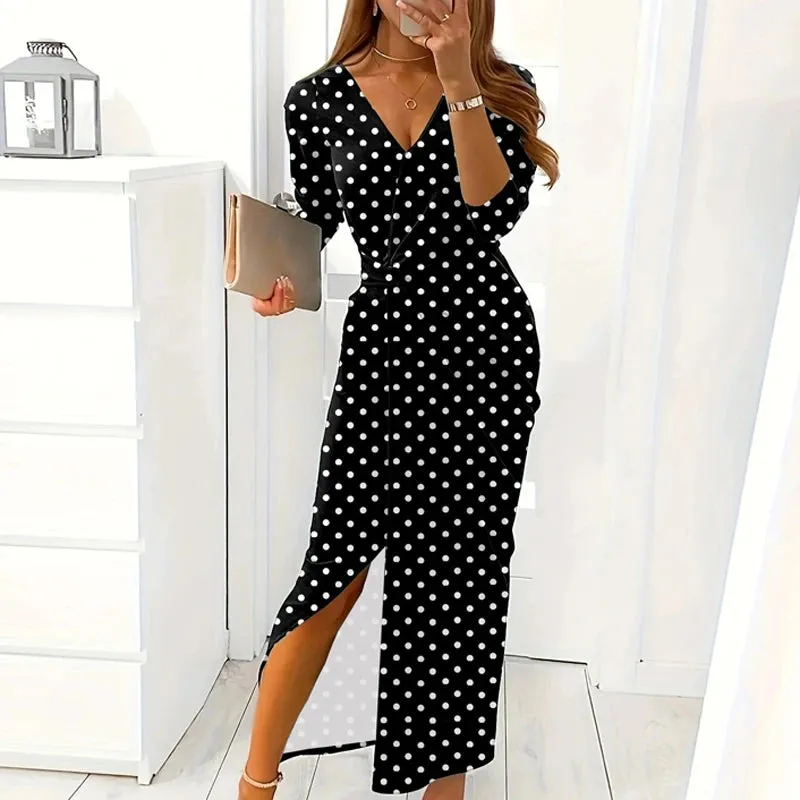 Amozae-Women Elegant Diamond Print Slit Long Dress Spring Sexy V-neck High Waist Tunic Party Dress Autumn Long Sleeve Slim Office Dress