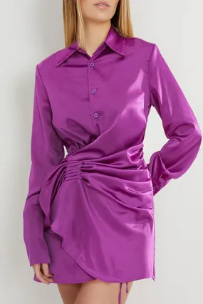 Asymmetric Long Sleeve Ruffle Ruched Satin Shirt Mini Dress - Fuchsia