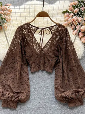 Autumn Black/White/Brown Sexy Lace Blouse Women Elegant V-Neck Puff Long Sleeve Open Back Short Tops Female Party Blusas 2021