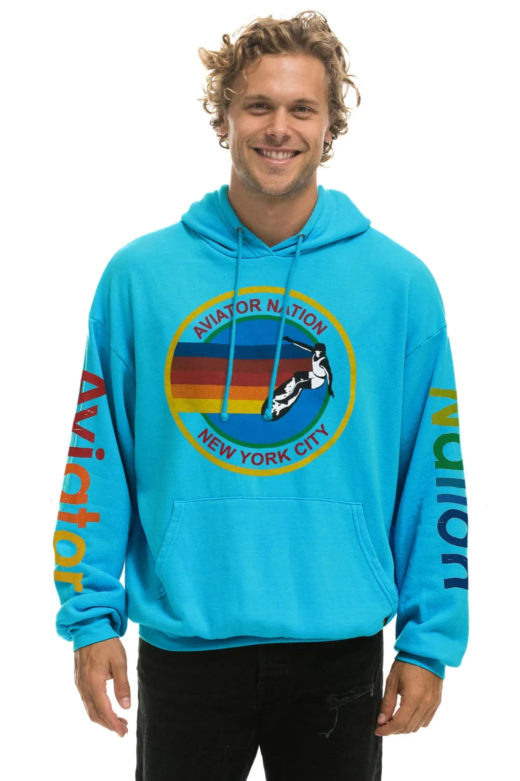 AVIATOR NATION NEW YORK CITY RELAXED PULLOVER HOODIE - NEON BLUE