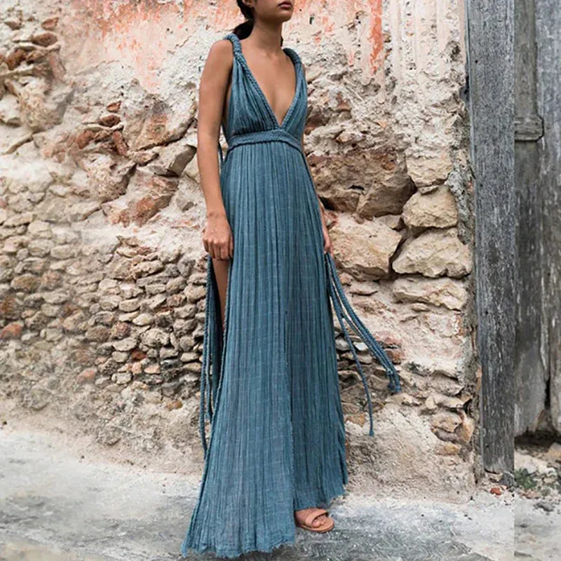 Bandage Pleated Slim Long Off Shoulder High Waist Evening 2024 New Elegant Solid Split Robe Summer Sexy Dress