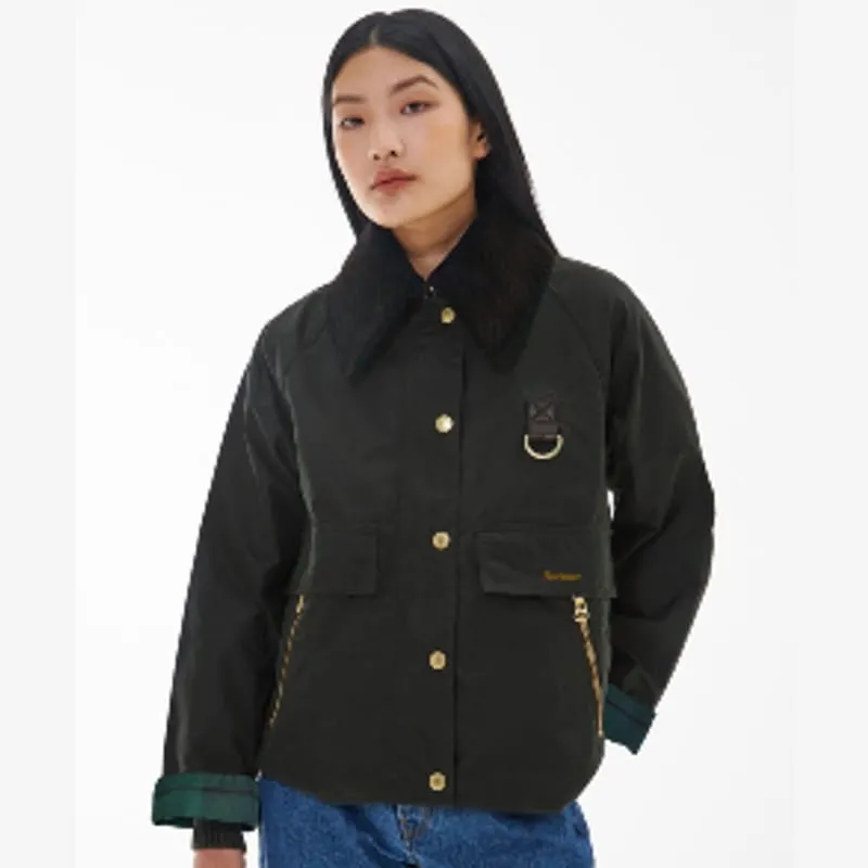 Barbour Catton Ladies Wax Jacket - Black/Black/Sage Tartan