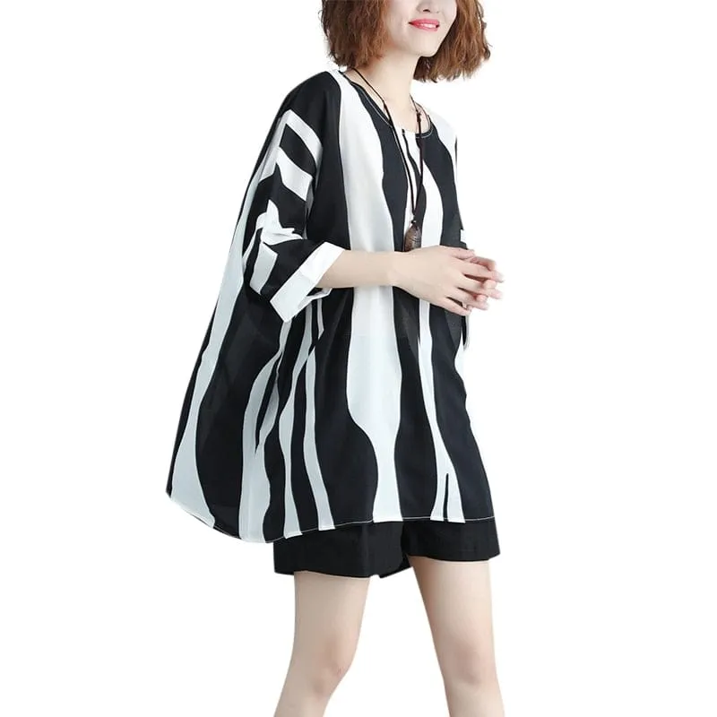 Batwing Sleeve Striped Oversized Shirt