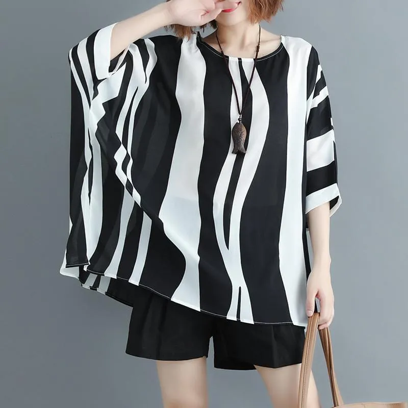 Batwing Sleeve Striped Oversized Shirt