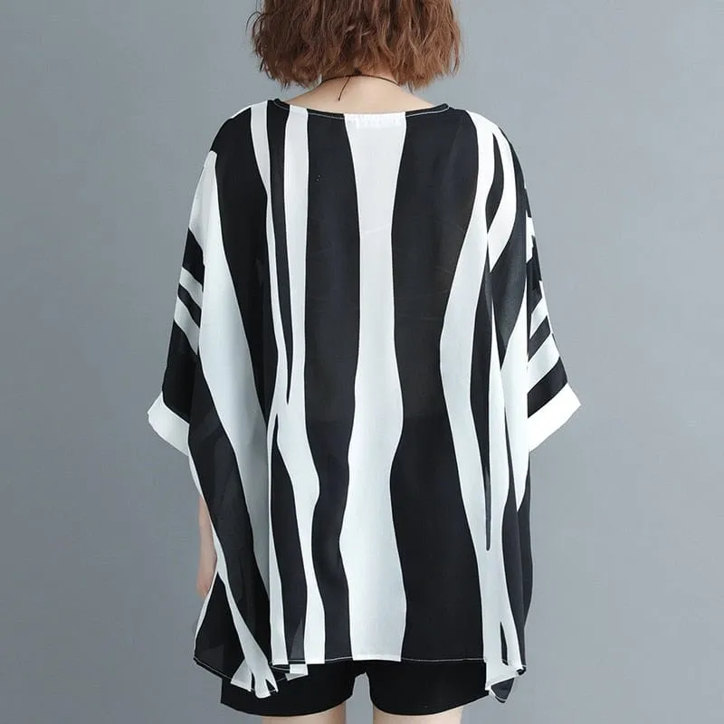 Batwing Sleeve Striped Oversized Shirt