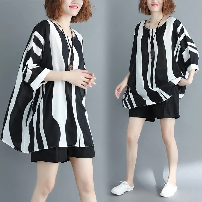 Batwing Sleeve Striped Oversized Shirt