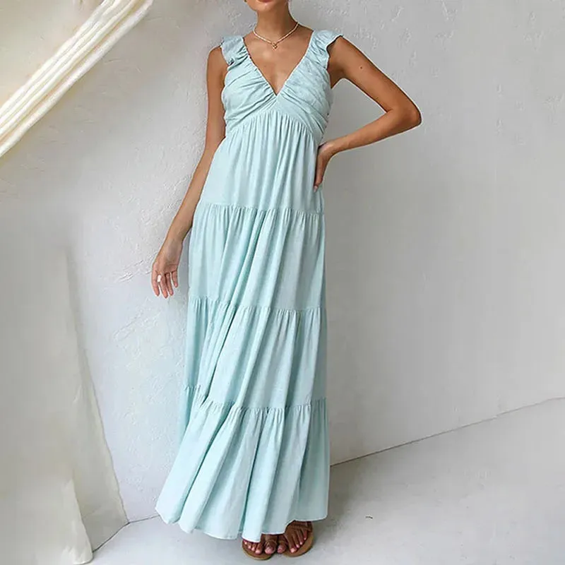 Beach Hem Maxi Sleeveless High Waist Draped Pleat High Street V Neck Loose A-Line Elegant Summer Dress