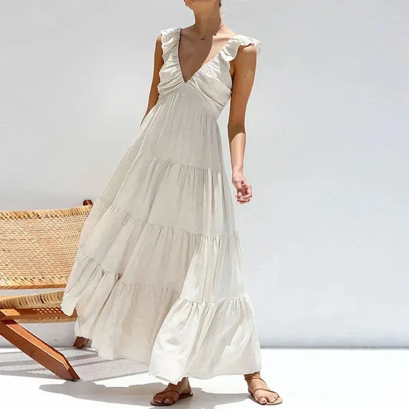 Beach Hem Maxi Sleeveless High Waist Draped Pleat High Street V Neck Loose A-Line Elegant Summer Dress