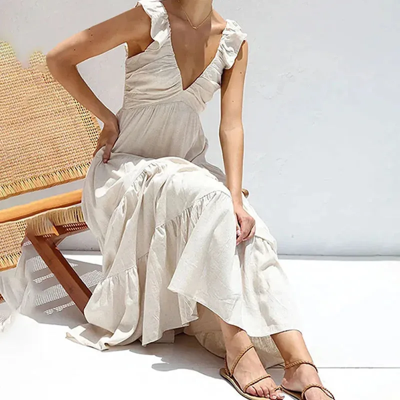 Beach Hem Maxi Sleeveless High Waist Draped Pleat High Street V Neck Loose A-Line Elegant Summer Dress