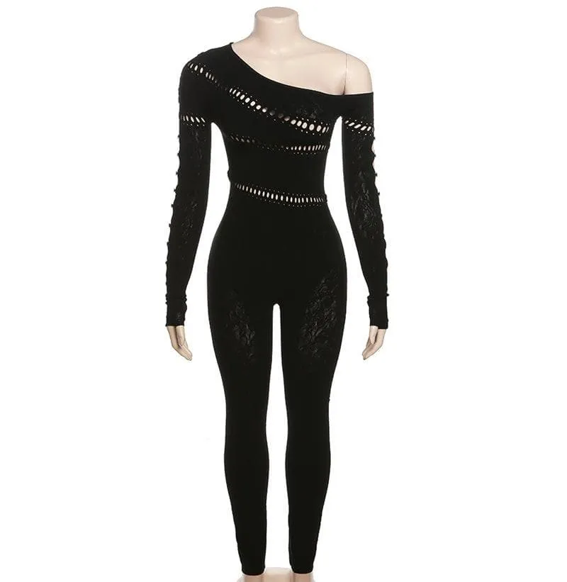 Beaded hollow out off shoulder fishnet long sleeve irregular jumpsuit