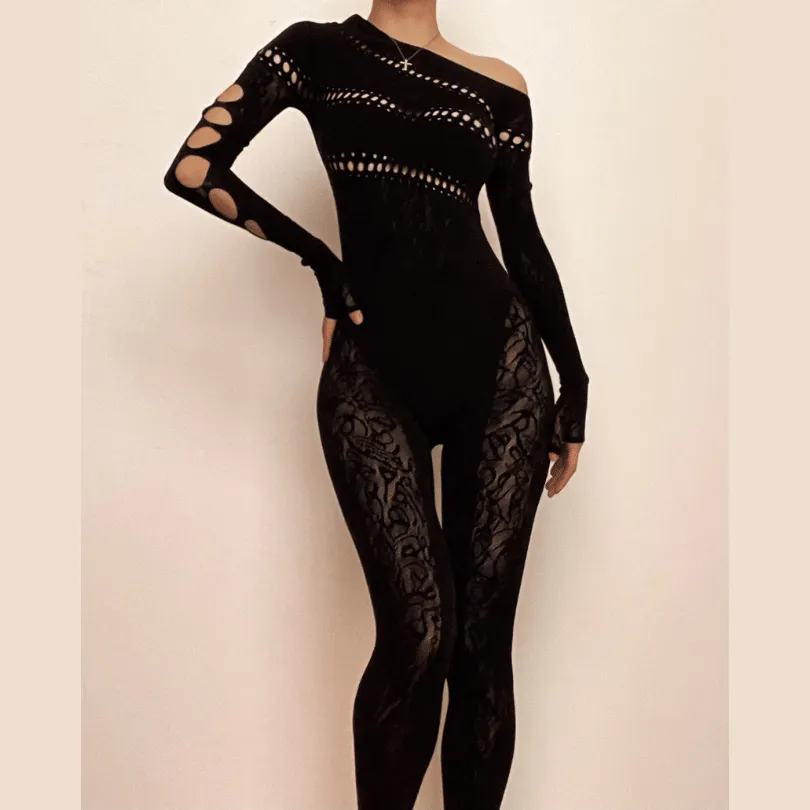 Beaded hollow out off shoulder fishnet long sleeve irregular jumpsuit