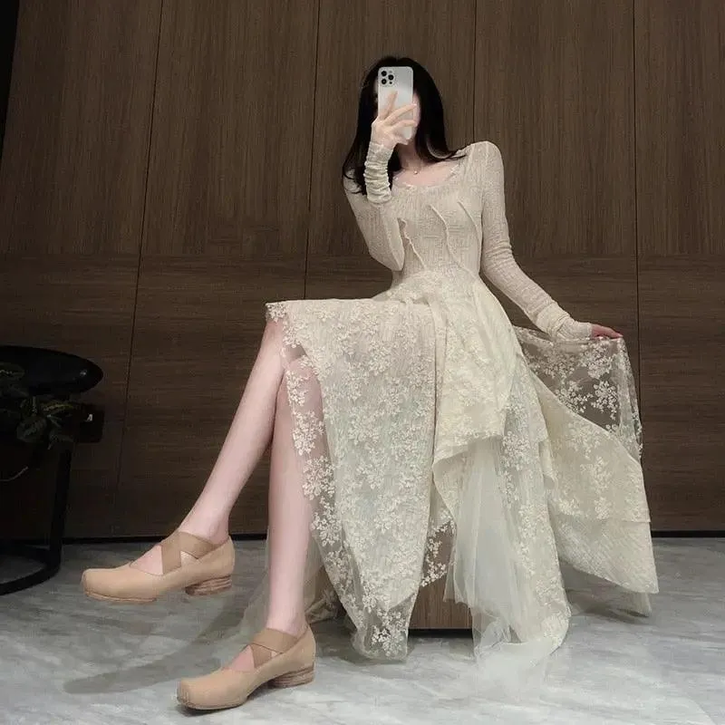 Beige Lace Layered Elegant Dress