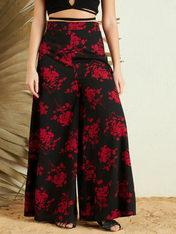 Berrylush Women Black & Red Floral Printed High-Rise Waist Slip-On Wide-Leg Regular Culottes Trousers