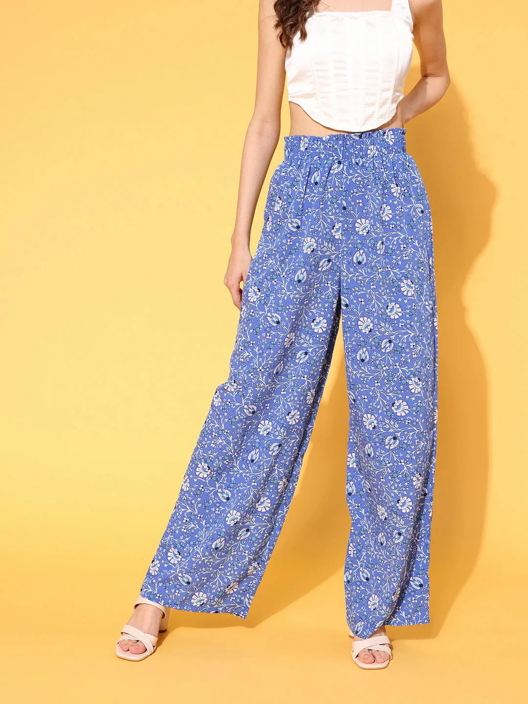 Berrylush Women Elegant Blue Floral Printed High-Rise Waist Wide Leg Flared Trousers