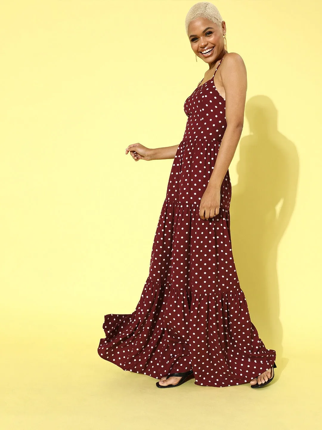 Berrylush Women Maroon Polka Dot Printed Backless Crepe Maxi Dress