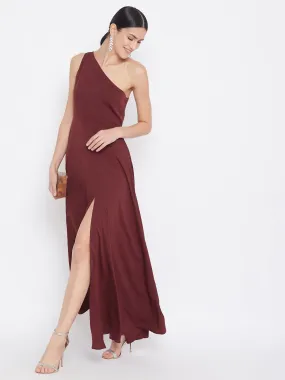 Berrylush Women Solid Maroon One-Shoulder A-Line Maxi Dress