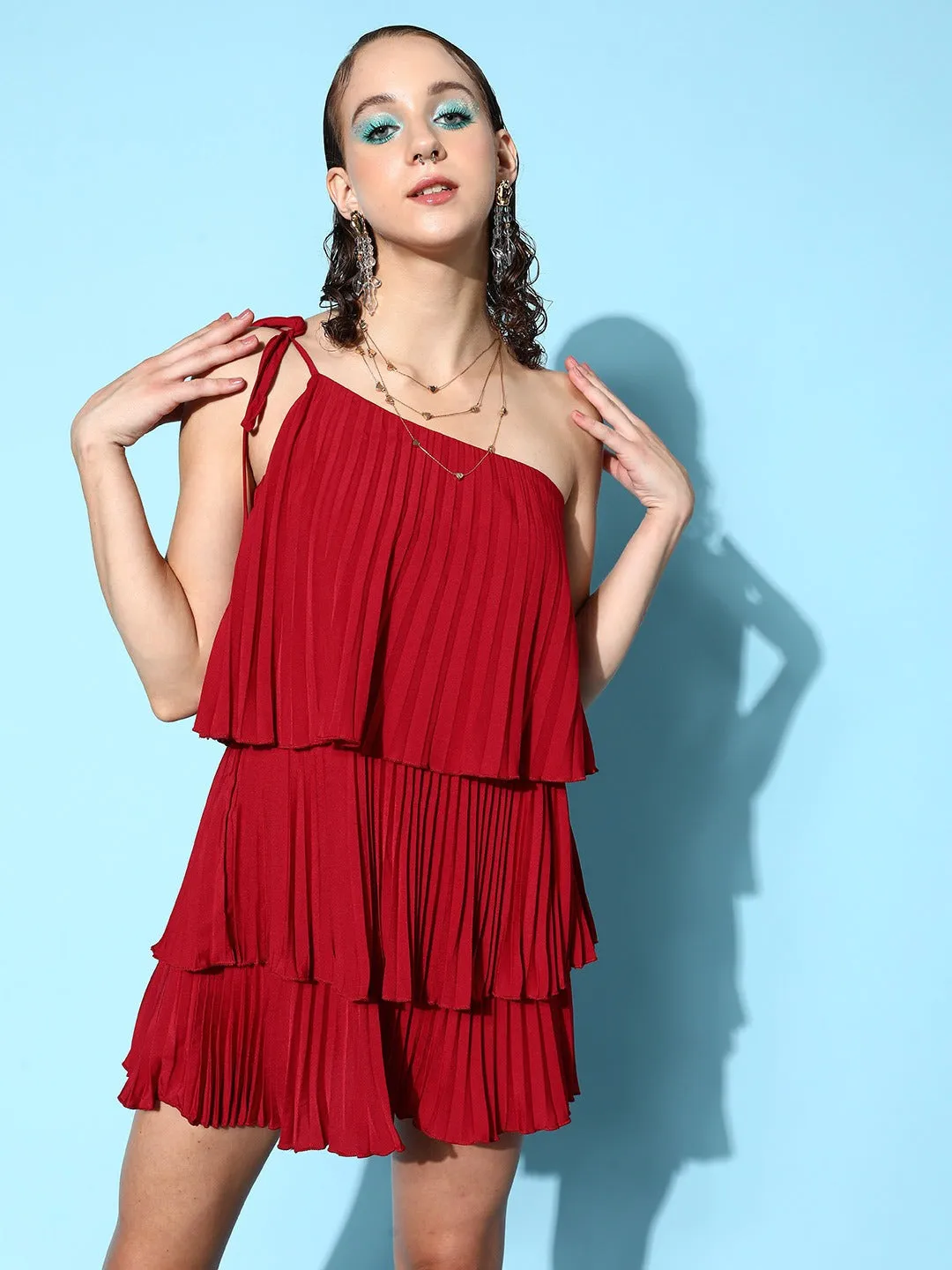 Berrylush Women Solid Red One-Shoulder Neck Tie-Up Strap Crepe Pleated A-Line Mini Dress