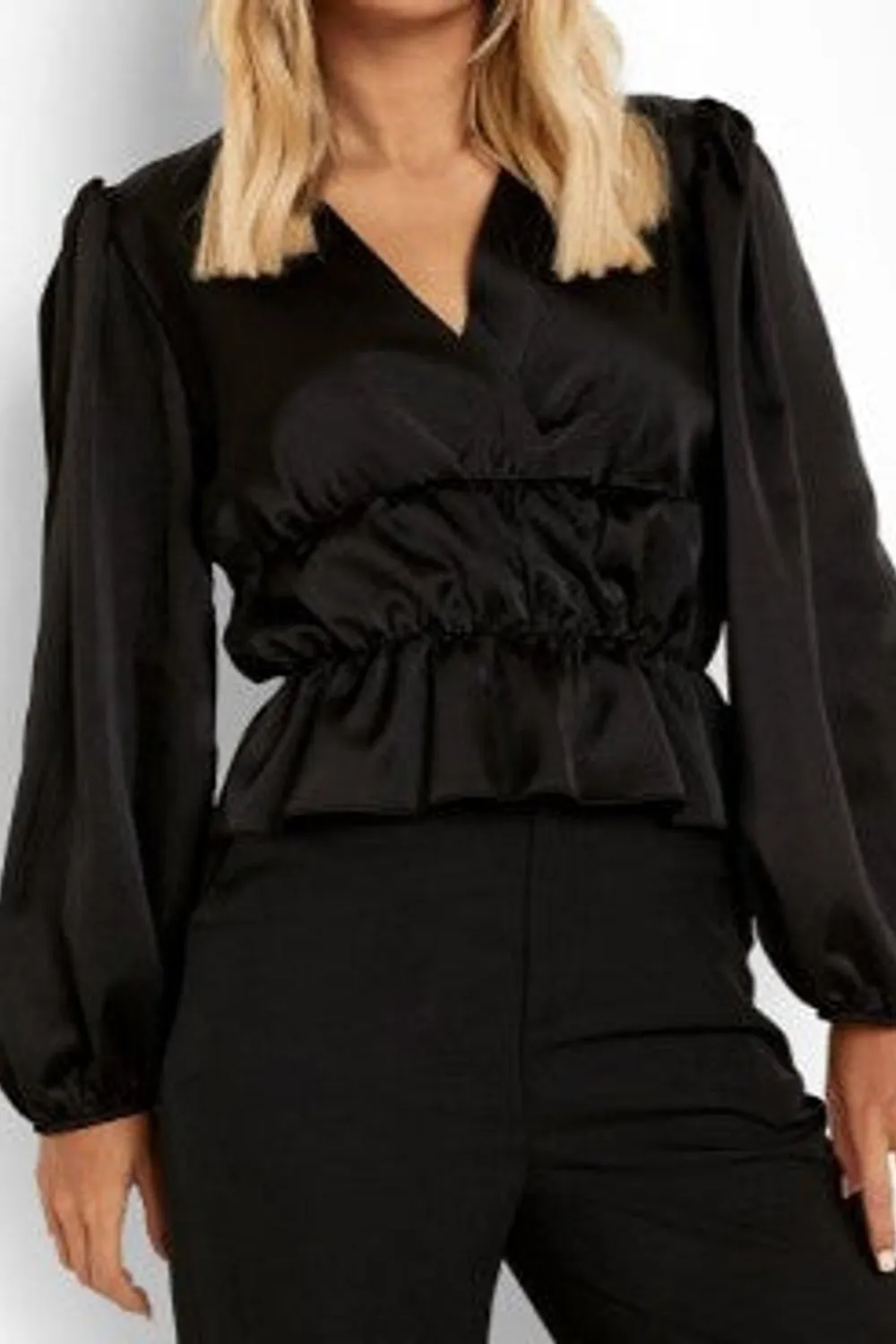 Black Long Sleeve Ruched Detail Peplum Top