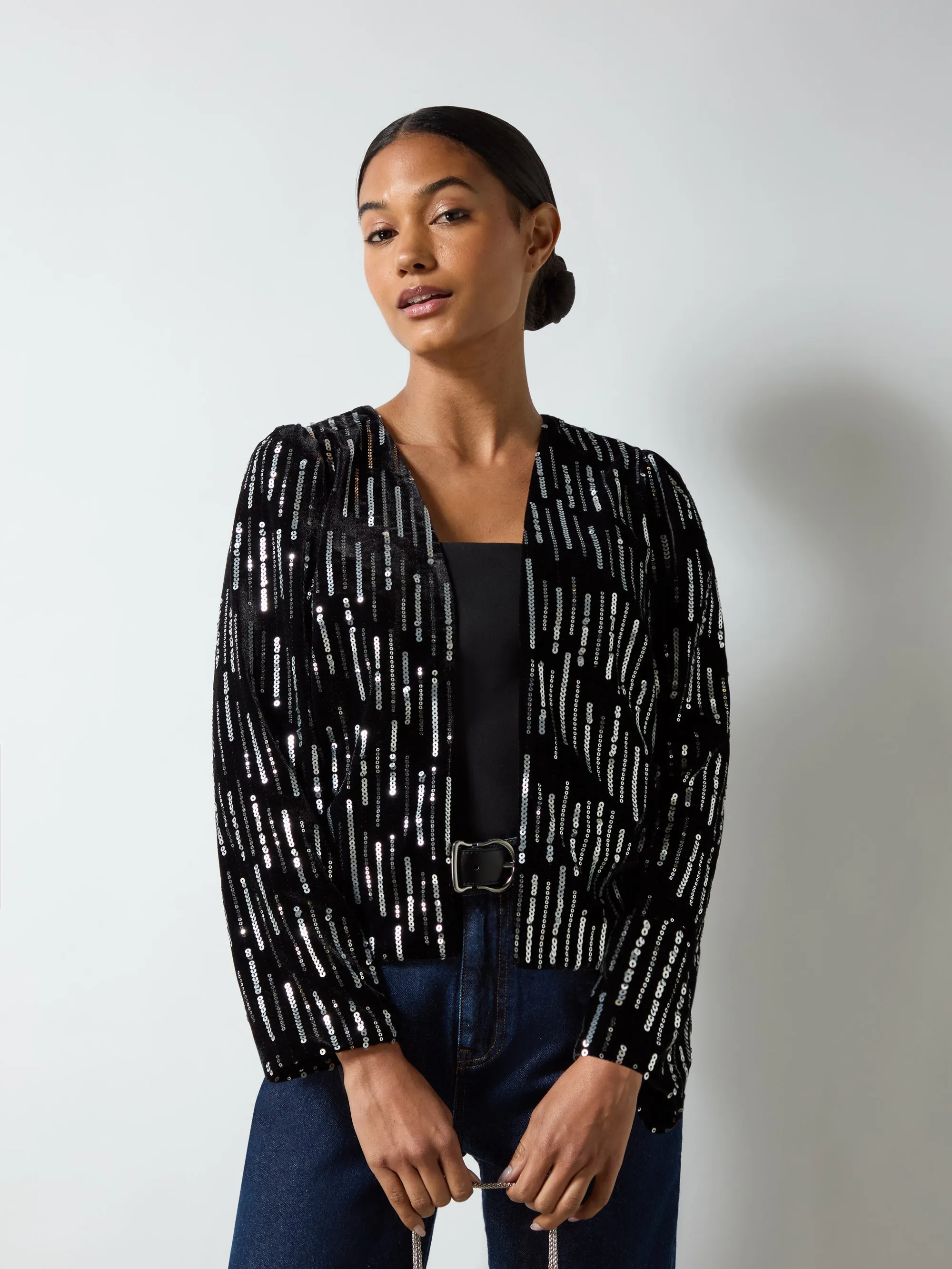 Black Velvet Embellished Cropped Jacket