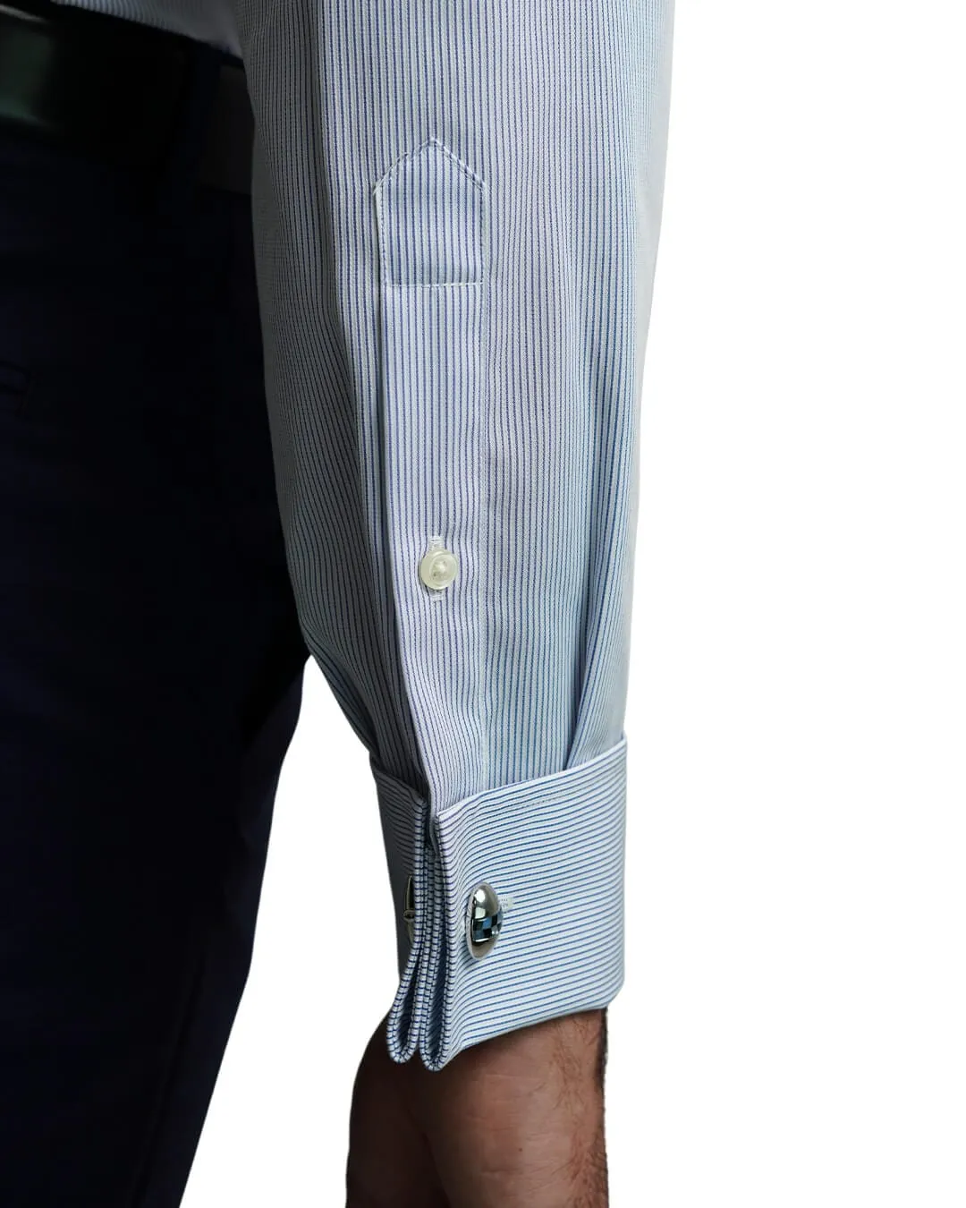 Blue Poplin Fine Stripe Double Cuff Non-Iron Shirt