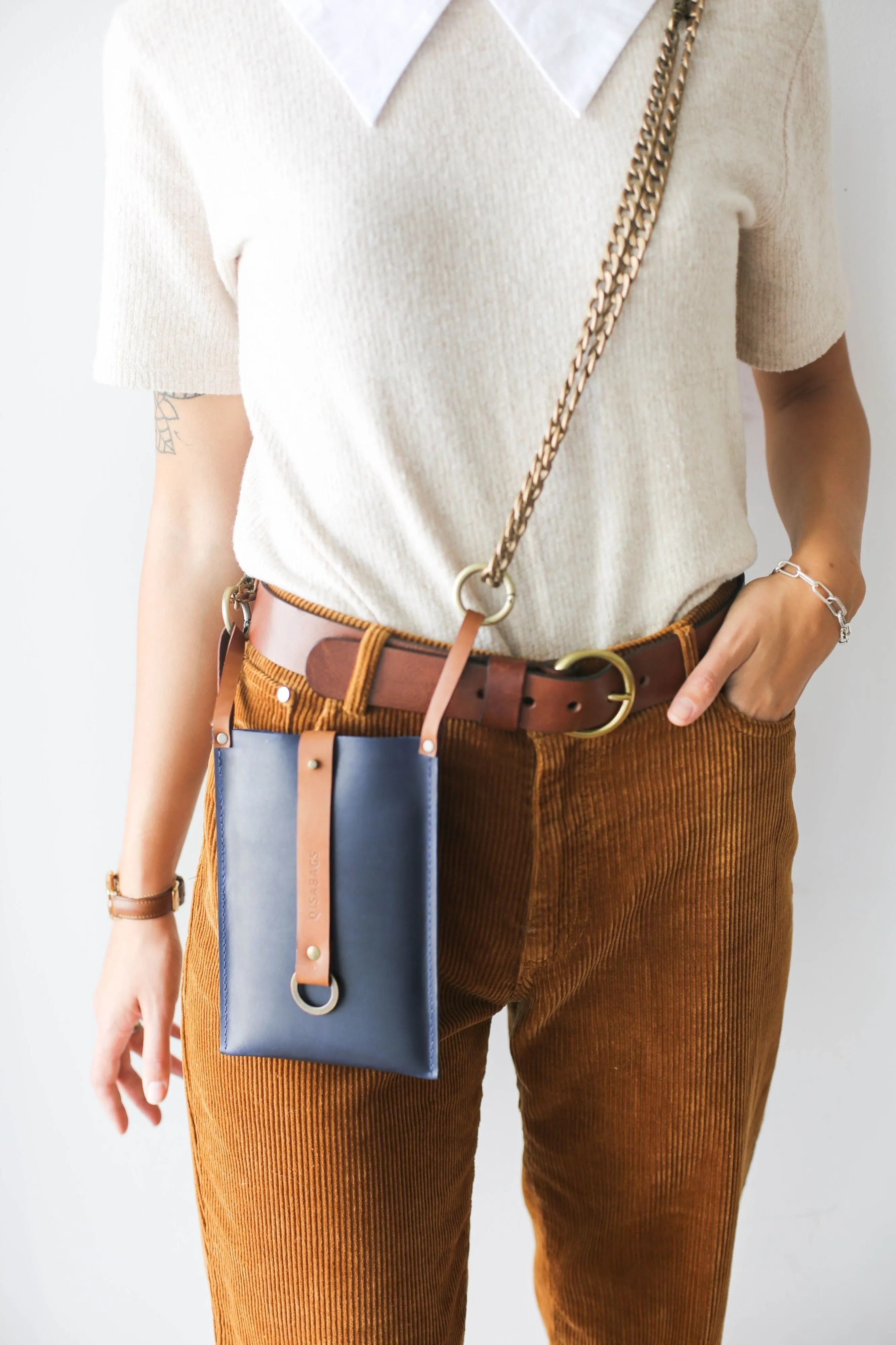 Blue w/ Brown Leather Phone Bag