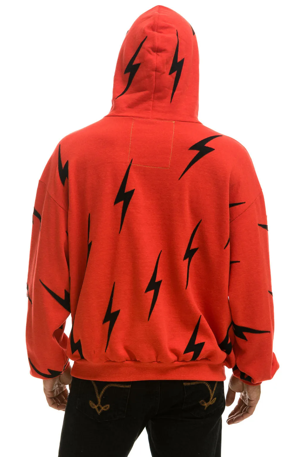 BOLT STITCH REPEAT RELAXED PULLOVER HOODIE WITH POCKET ZIPPERS - RED // BLACK