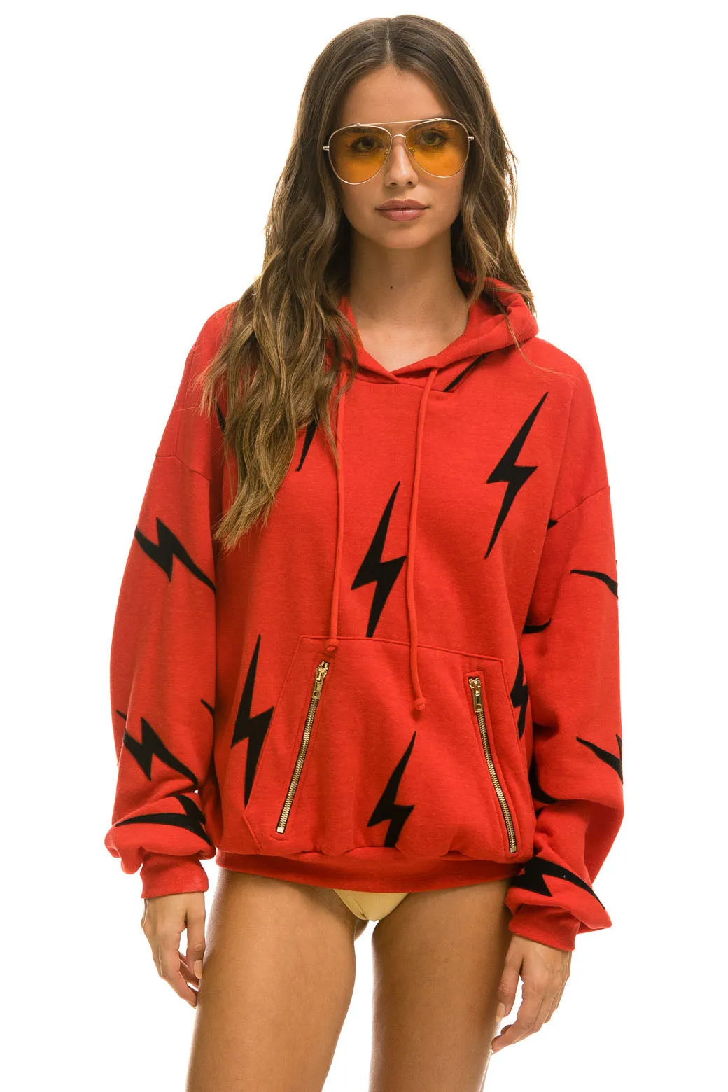 BOLT STITCH REPEAT RELAXED PULLOVER HOODIE WITH POCKET ZIPPERS - RED // BLACK