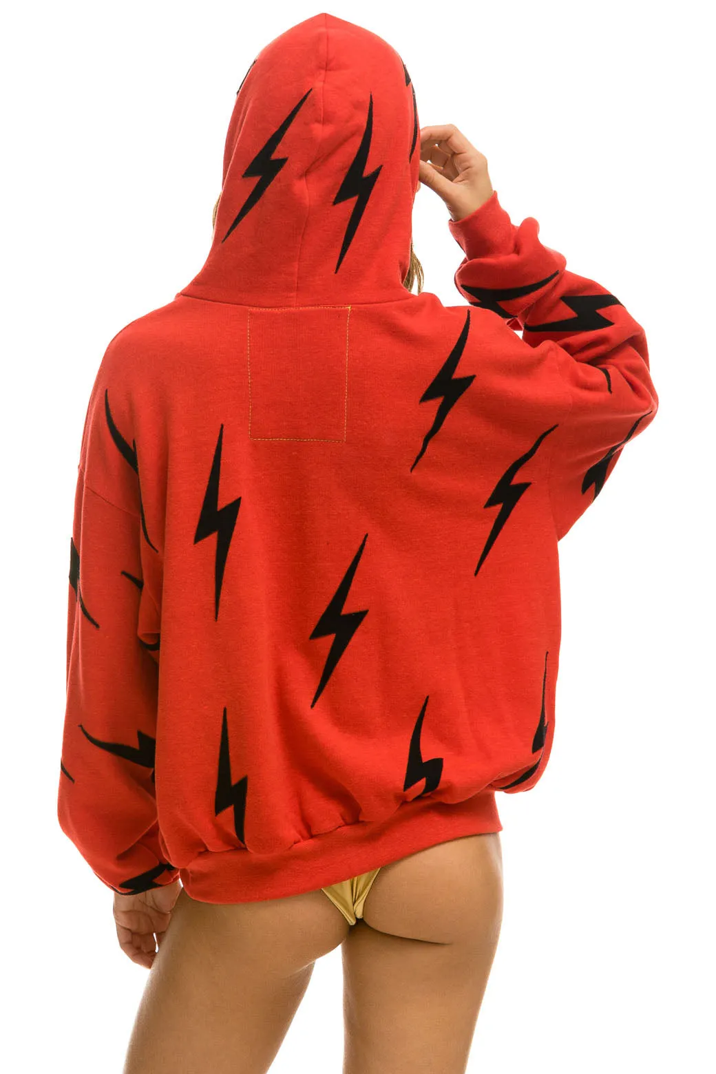 BOLT STITCH REPEAT RELAXED PULLOVER HOODIE WITH POCKET ZIPPERS - RED // BLACK