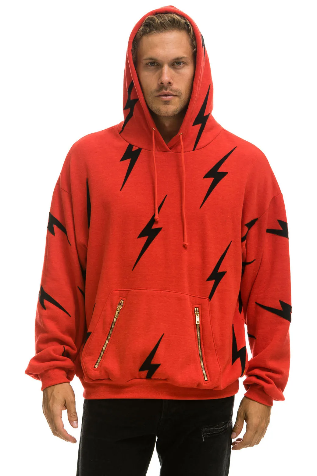 BOLT STITCH REPEAT RELAXED PULLOVER HOODIE WITH POCKET ZIPPERS - RED // BLACK