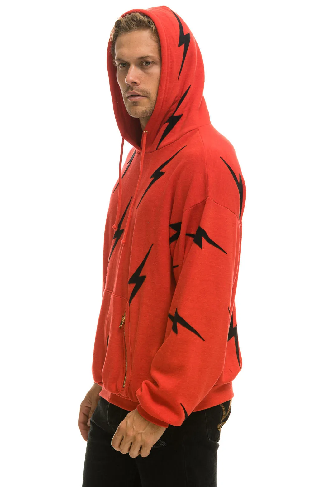 BOLT STITCH REPEAT RELAXED PULLOVER HOODIE WITH POCKET ZIPPERS - RED // BLACK