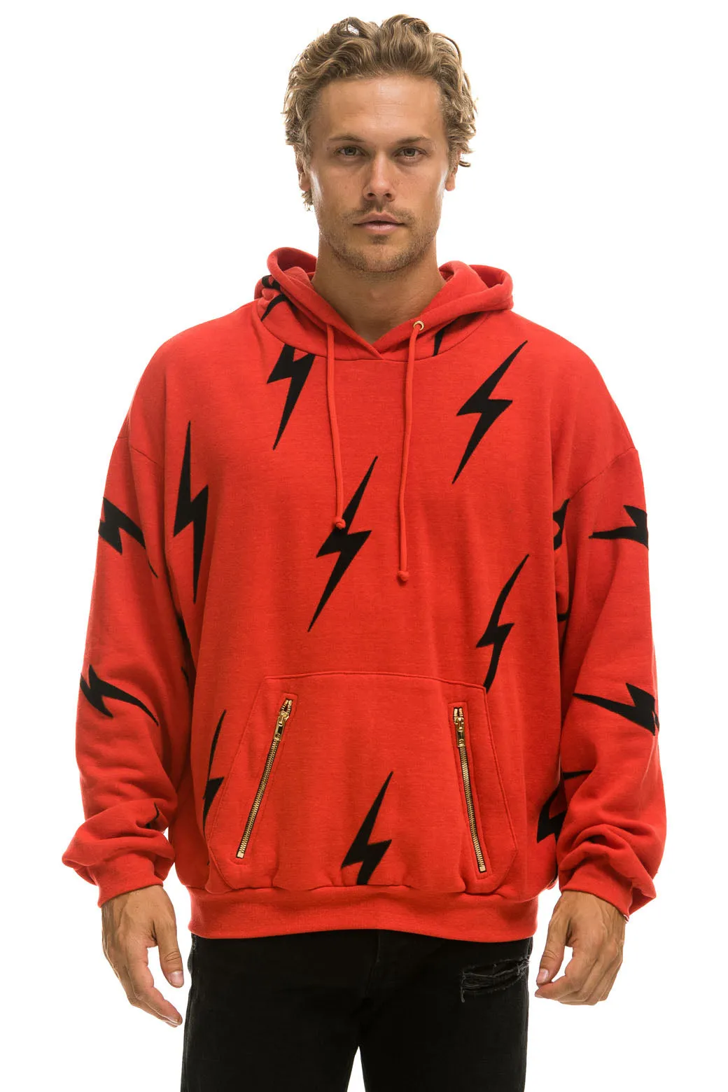 BOLT STITCH REPEAT RELAXED PULLOVER HOODIE WITH POCKET ZIPPERS - RED // BLACK