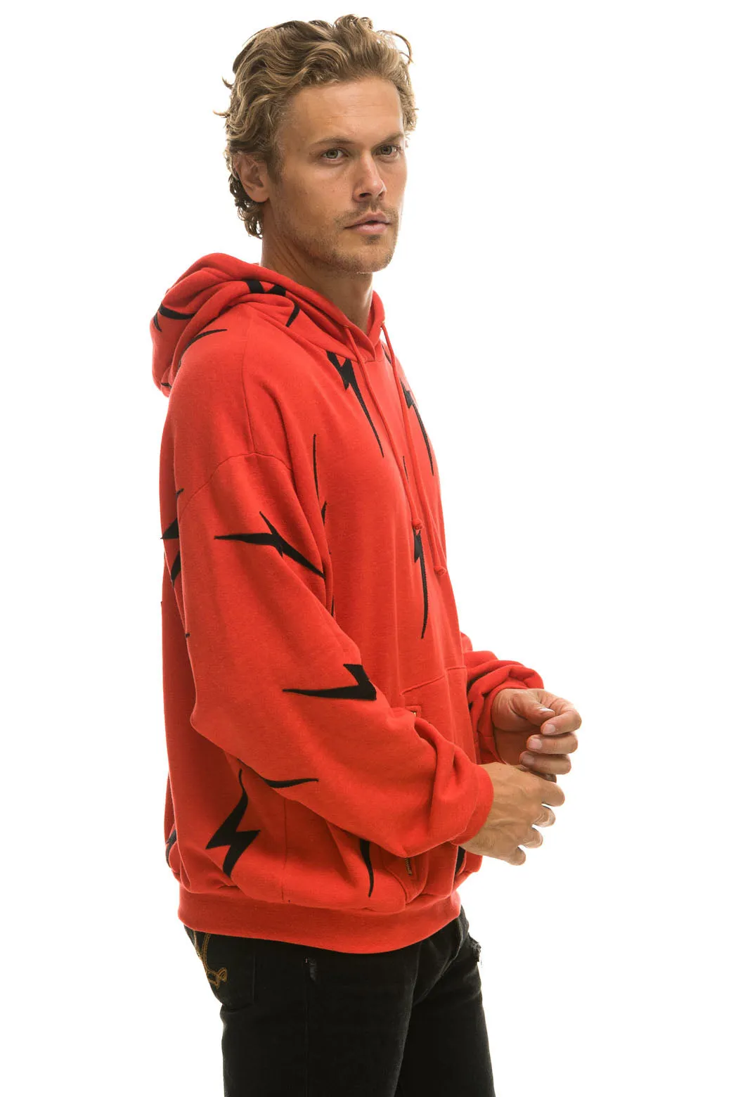 BOLT STITCH REPEAT RELAXED PULLOVER HOODIE WITH POCKET ZIPPERS - RED // BLACK